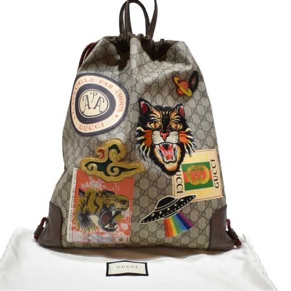 Gucci Ann Gris-Cat Drawstring 2WAY Backpack GG Supreme Beige x Brown Unisex - Picture 7 of 9